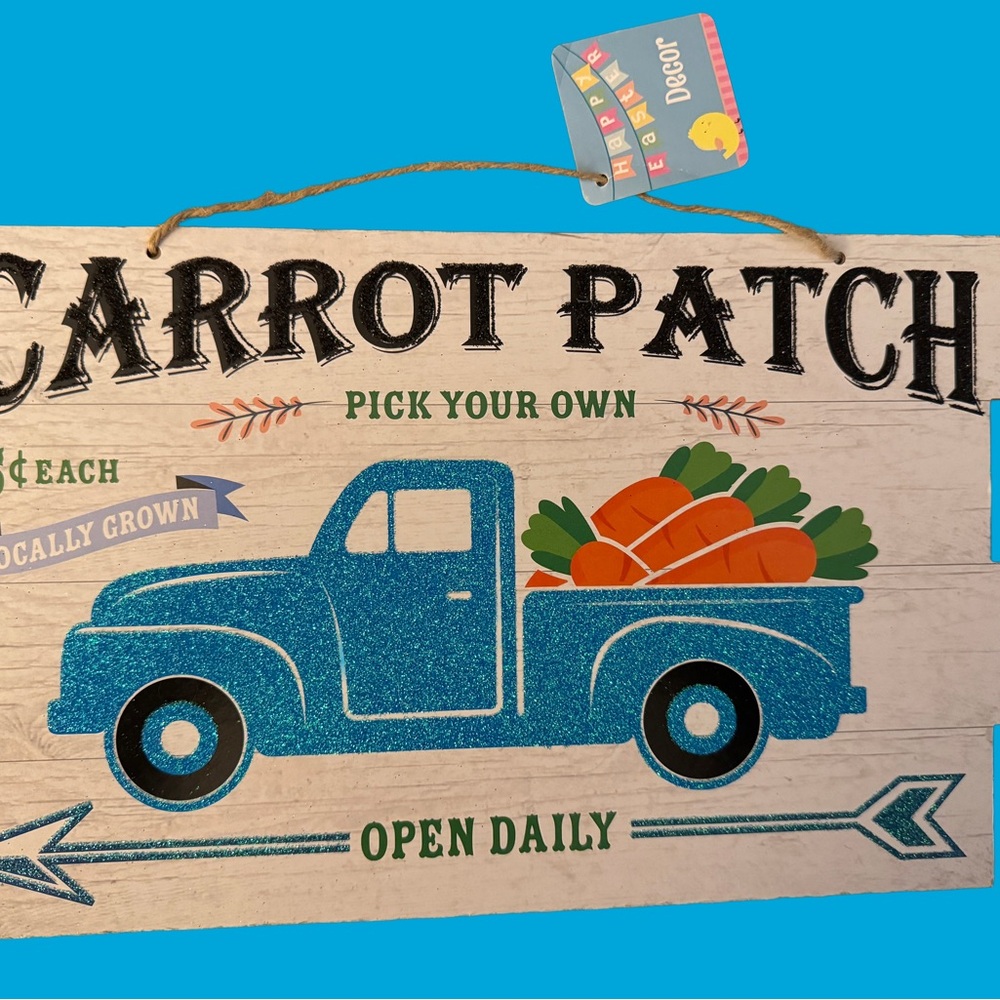 Carrot Patch Blue Easter Farm Truck Spring Home Decor Hanging Wood Sign 13 x 8